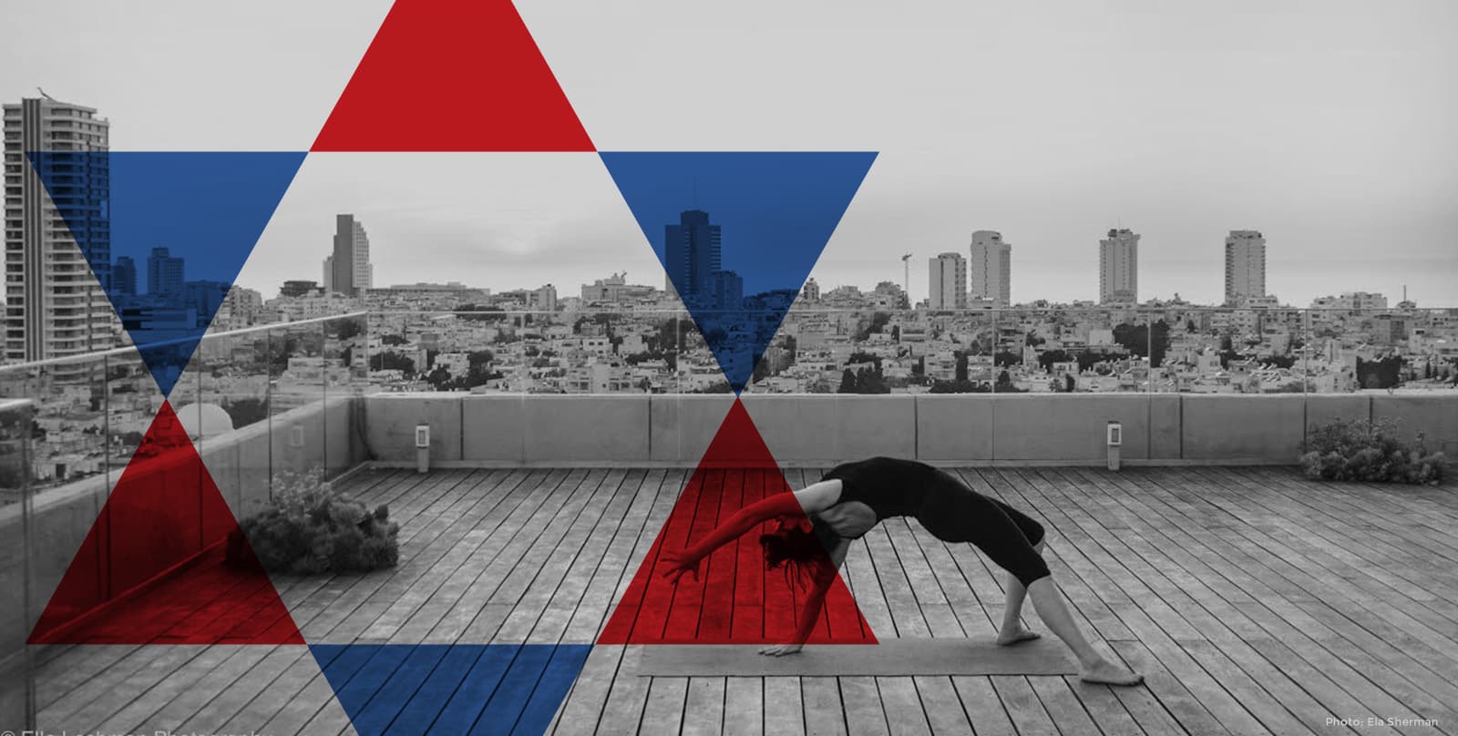 Supplied PICC artwork: monochrome rooftop scene with city skyline and red and blue geometric overlays; photograph by Ela Sheran.