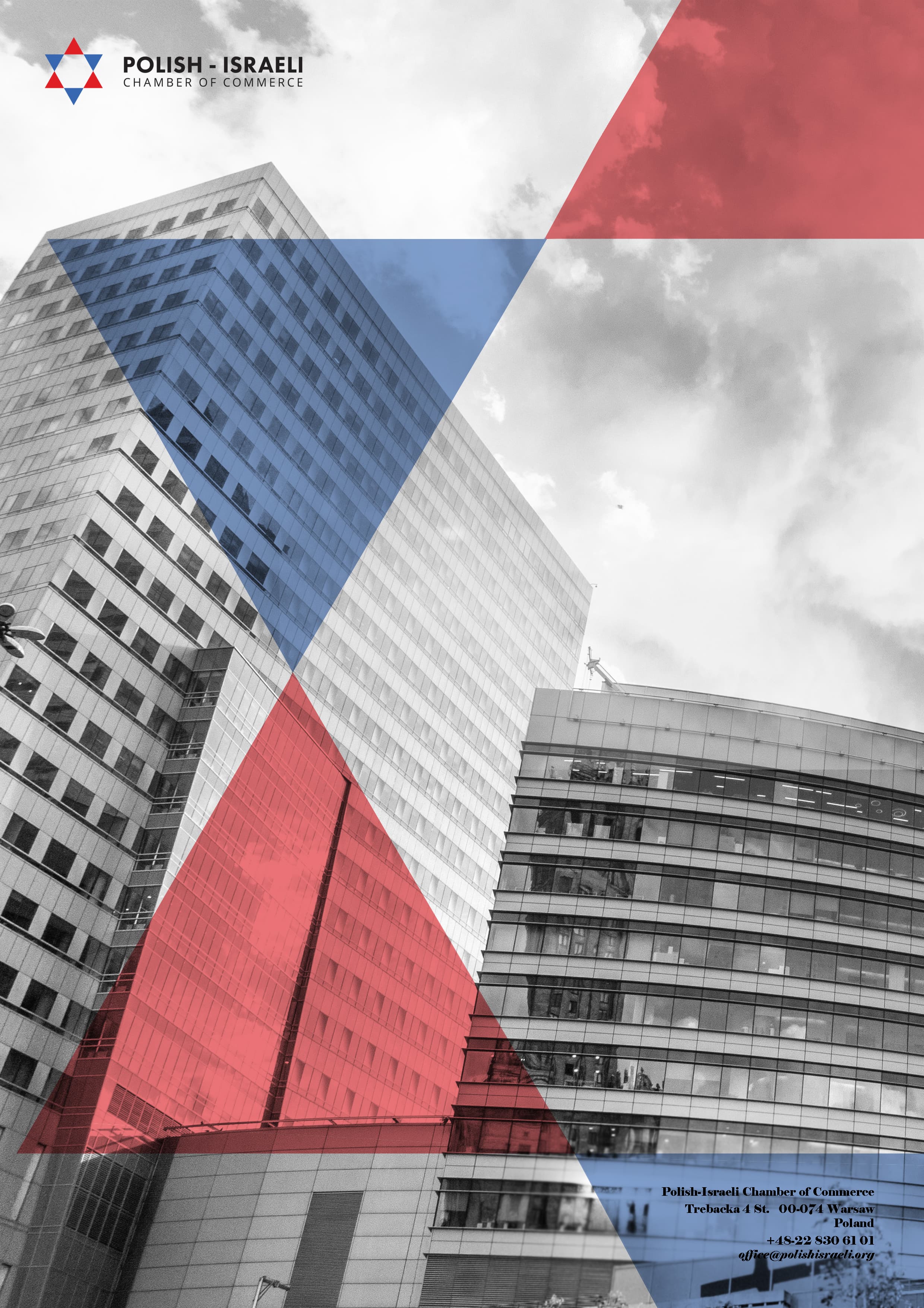 Supplied PICC architectural artwork with monochrome photography and transparent red and blue geometry